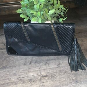 L.A.M.B BLACK LEATHER TASSEL CLUTCH